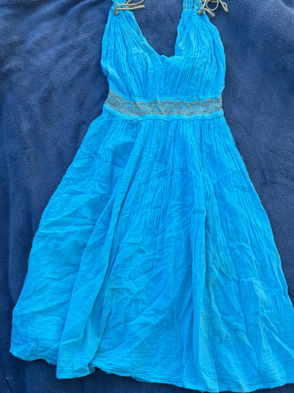 Greek/ Roman Dress Bright Turquoise Sleeveless Sundress with Beaded Waist